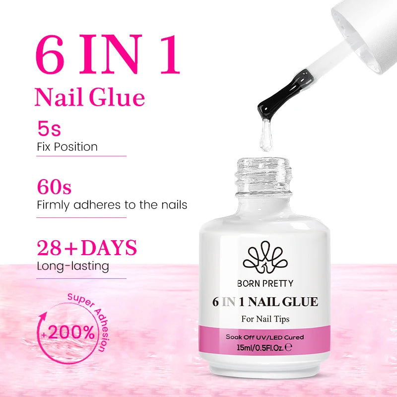 BORN PRETTY 6 in 1 Nail Glue Gel Extra Strong Adhesive for Press on Nails Clear Acrylic Tips Extension Gel Strengthener Gel