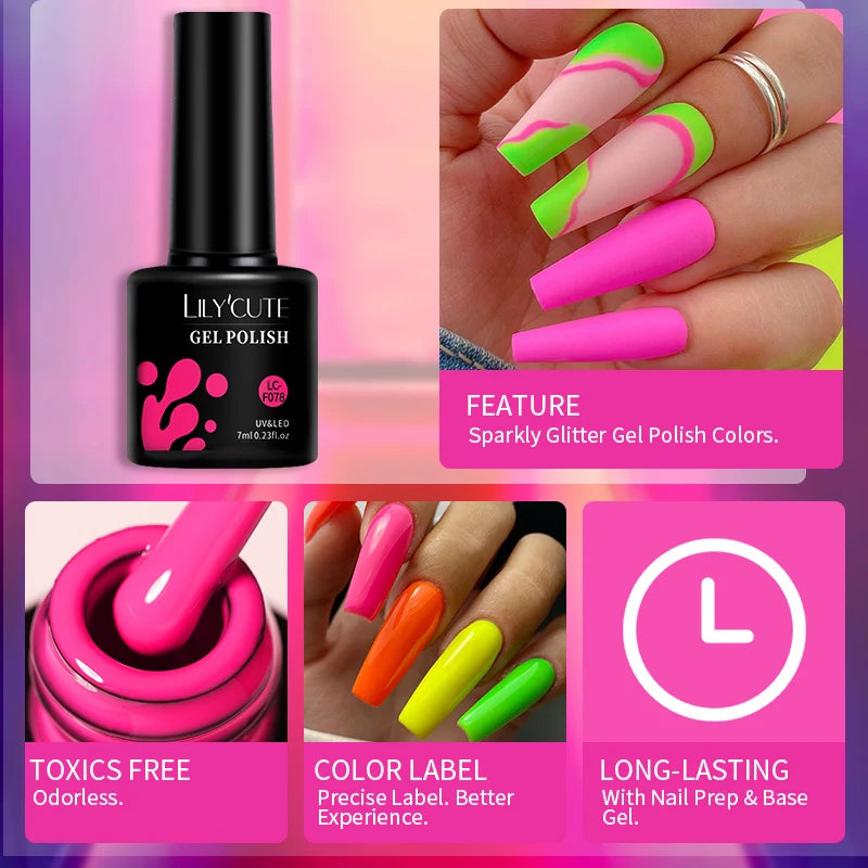 LILYCUTE Fluorescent Nail Gel Polish Orange Red Neon Bright Color Summer Series Soak Off For Manicure Nail Art UV Gel Varnish