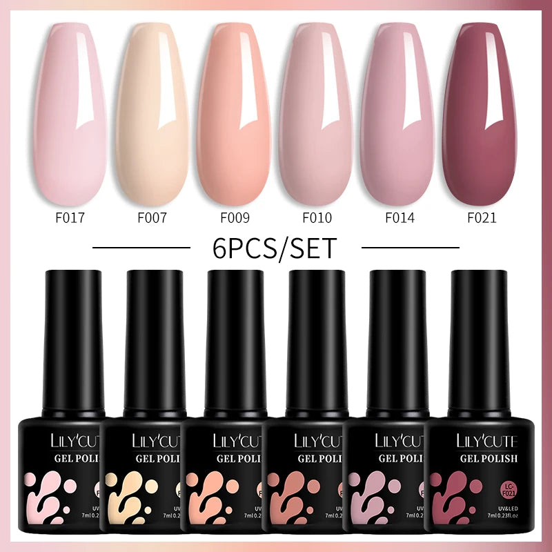 LILYCUE 6Pcs/Set Red Nude Glitter Gel Nail Polish Gorgeous Full Coverage Soak Off UV Gel Nail Art Base Top Coat Gel Polish Kits
