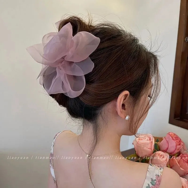 Fashion Mesh Tulle Large Bow Grab Clip Elegant Retro Female Net Yarn Ponytail Braid Claw Clip Hair Accessories Gift Headdress