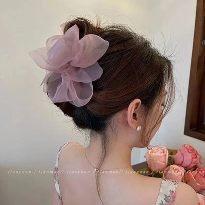 Fashion Mesh Tulle Large Bow Grab Clip Elegant Retro Female Net Yarn Ponytail Braid Claw Clip Hair Accessories Gift Headdress