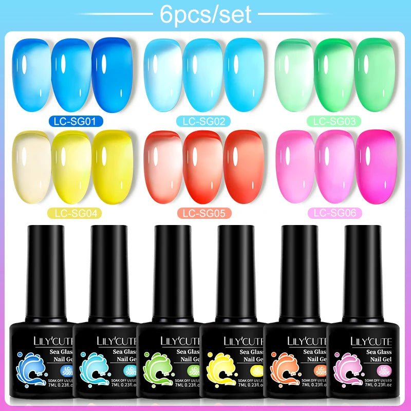 LILYCUE 6Pcs/Set Red Nude Glitter Gel Nail Polish Gorgeous Full Coverage Soak Off UV Gel Nail Art Base Top Coat Gel Polish Kits
