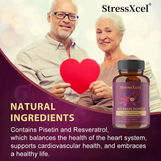 Red Grape Powder Capsules, 12-Hour Slow-Release Resveratrol for Fast Absorption, 120 Vegetarian Capsules