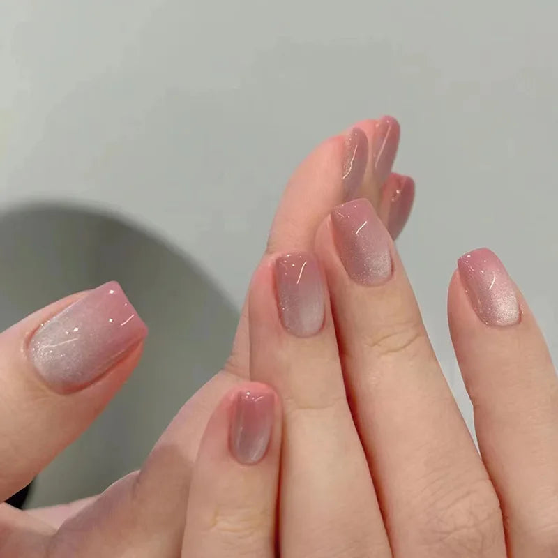 24Pcs Short Square Coffin False Nails Square Fake Nails with Glue French Glitter Wearable Acrylic Nails Set Press on Nail Tips