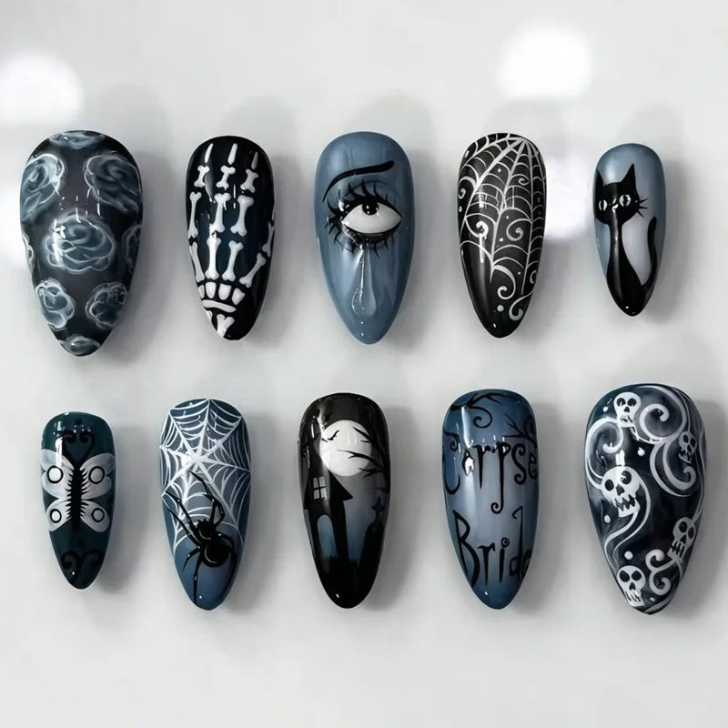24pcs Sliver Spider Design Fake Nail Halloween Gothic Punk False Nail Tips Wearable European Heavy Metal Almond Press on Nails