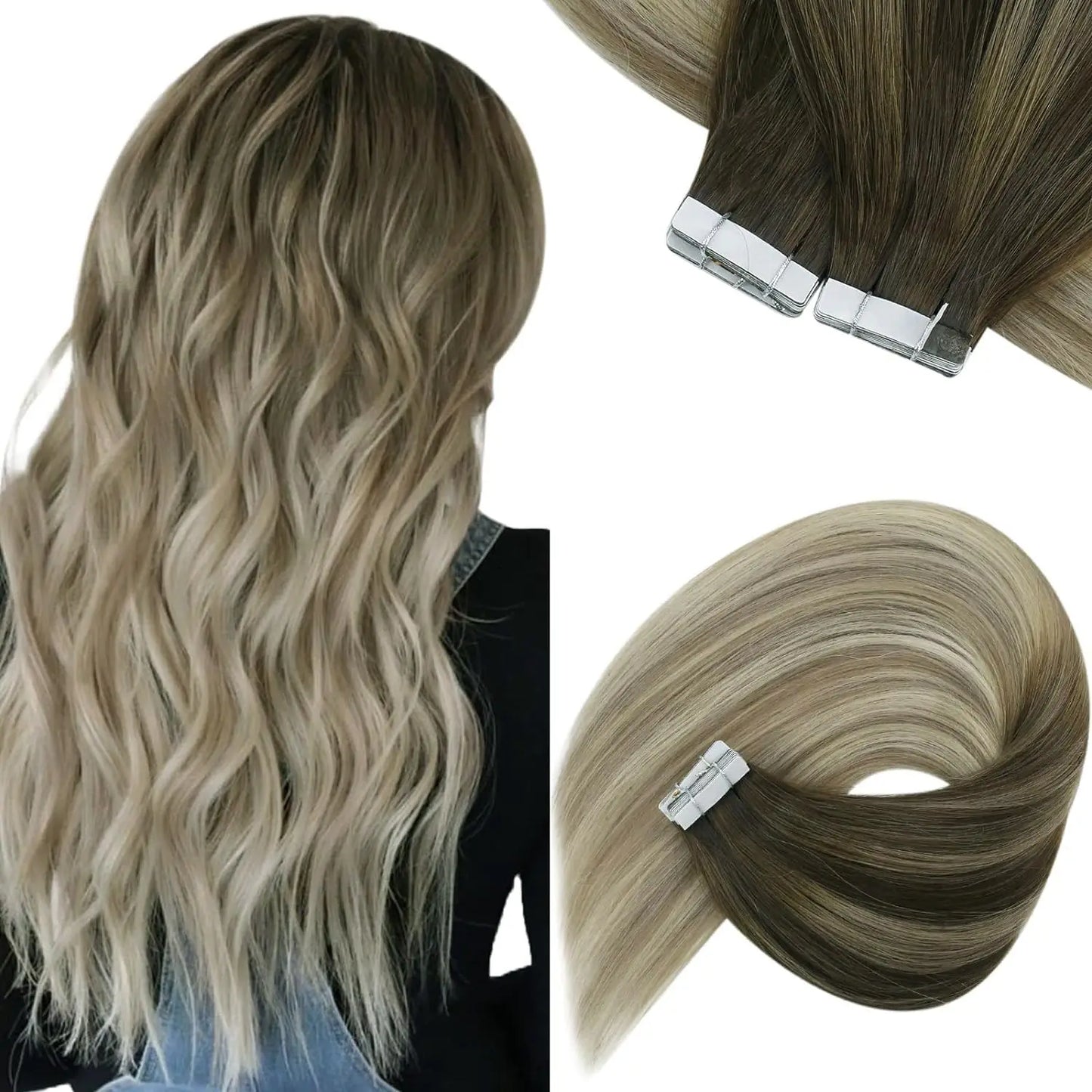 [NEW]VeSunny Tape In Hair Extensions Human Hair Real Natural Hair Balayage Color #4-14-60 Skin Weft Straight Seamless Hair