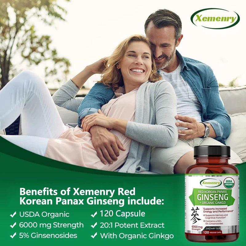 Korean Red Panax Ginseng + Ginkgo Biloba Capsules Increases Energy, Mood, Stamina & Performance, Supports Mental Health