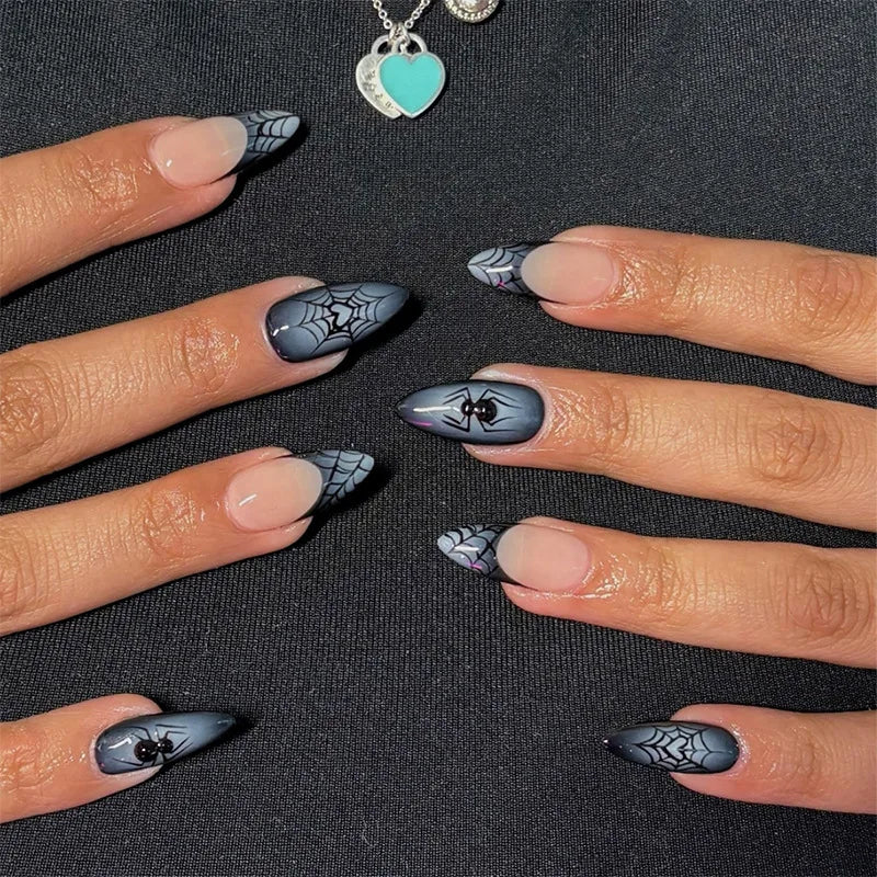 24pcs Halloween Blood French Fake Nail Tips Sweet Cool Bat Skeleton Pattern Round Almond Press on Nails Spider Web False Nail