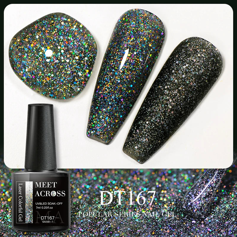 MEET ACROSS 7ml 140 Colors Glitter Gel Nail Polish Fluorescent Laser Semi Permanent Soak Off Nail Art UV Gel Varnish Manicure
