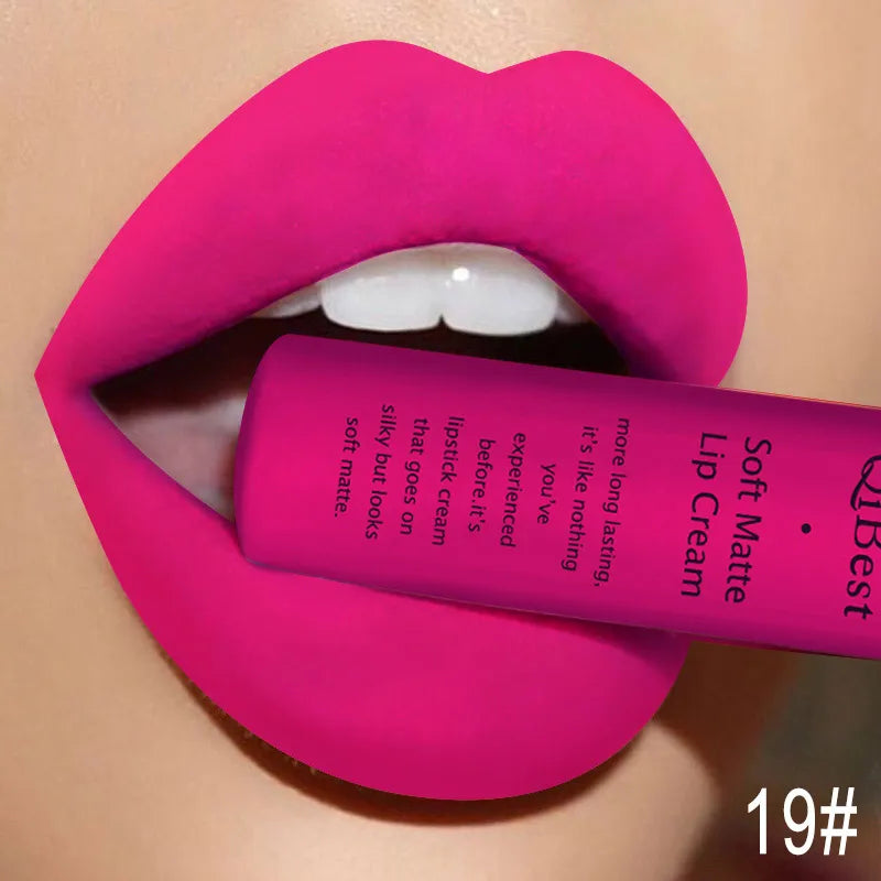 QIBEST Matte Liquid Lipstick Waterproof Lasting Velvet Lip Gloss Tint Tube Nude Pigment Red Black Purple Orange Lipsticks Makeup