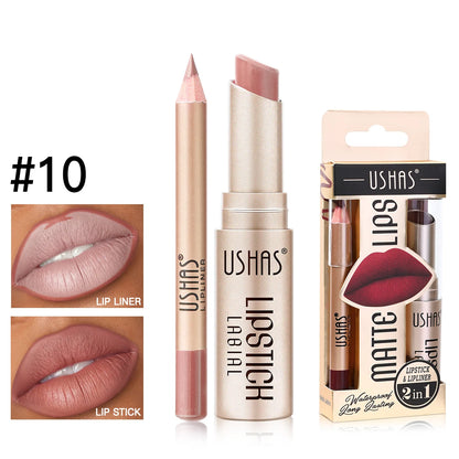 USHAS 12 Color Matte Lipstick Set Long-lasting Waterproof Lipstick + Lip Liner Set Easy Coloring Non-Stick Cup Lip Makeup Suit