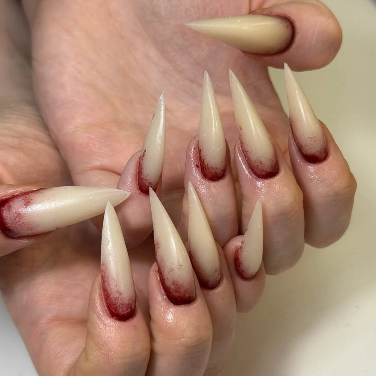 24pcs Nude Color False Nails For Halloween Blood Stained Jade Bone Long Pointed Press On Nails Acrylic Material Party Fake Nail