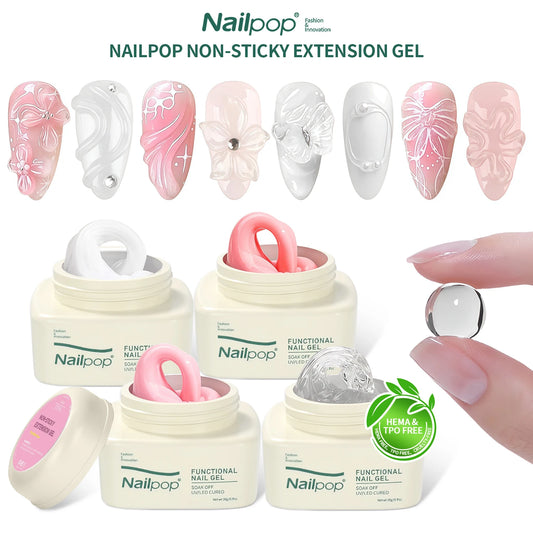 Nailpop Non-Sticky Extension Gel HEMA TPO Free Clear White Nude Pink Bond for Colored Tips Rhinestones and Sculpted Designs 1pcs