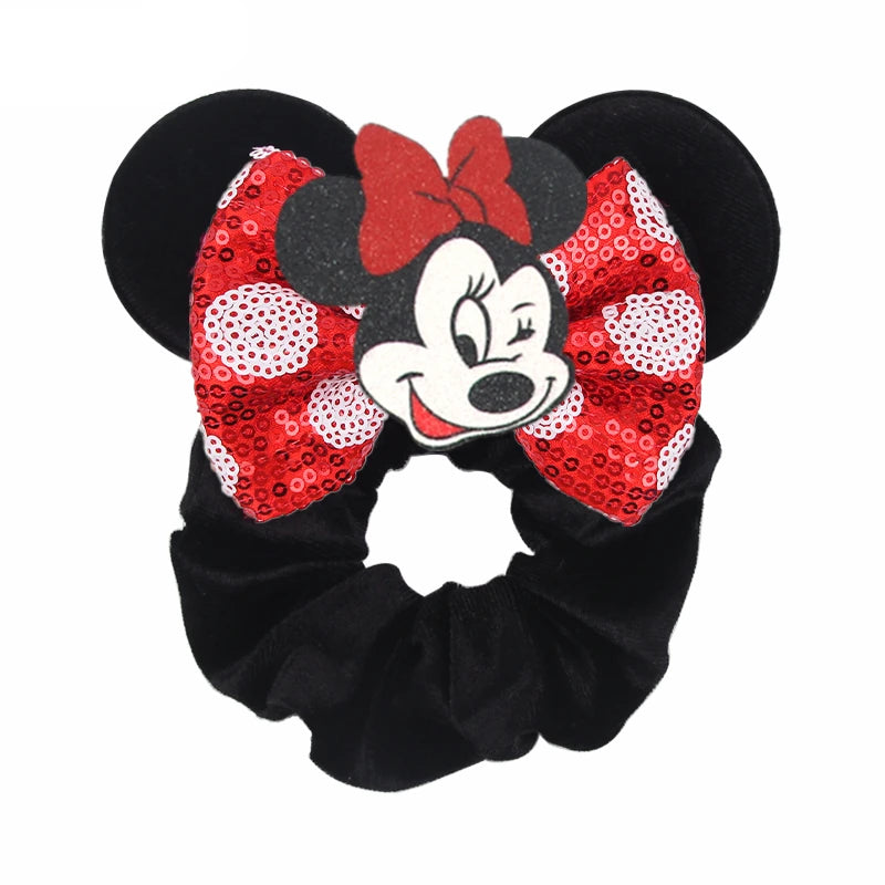 Disney Mouse Ears Velvet Scrunchies Hairband Women Elastic Ponytail Holder Girls Sequin Bow 2023 Kids Party DIY Hair Accessories