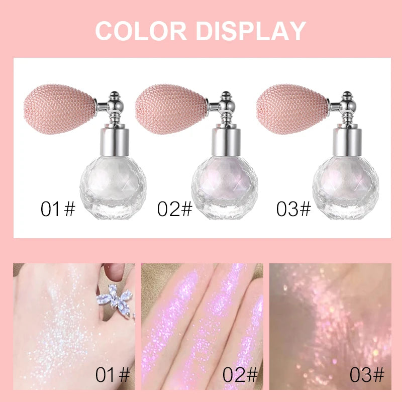 Shiny Glitter Body Powder Highlighter Spray with High Gloss Shines and Sparkles, Suitable for Face and Body Makeup Highlighter