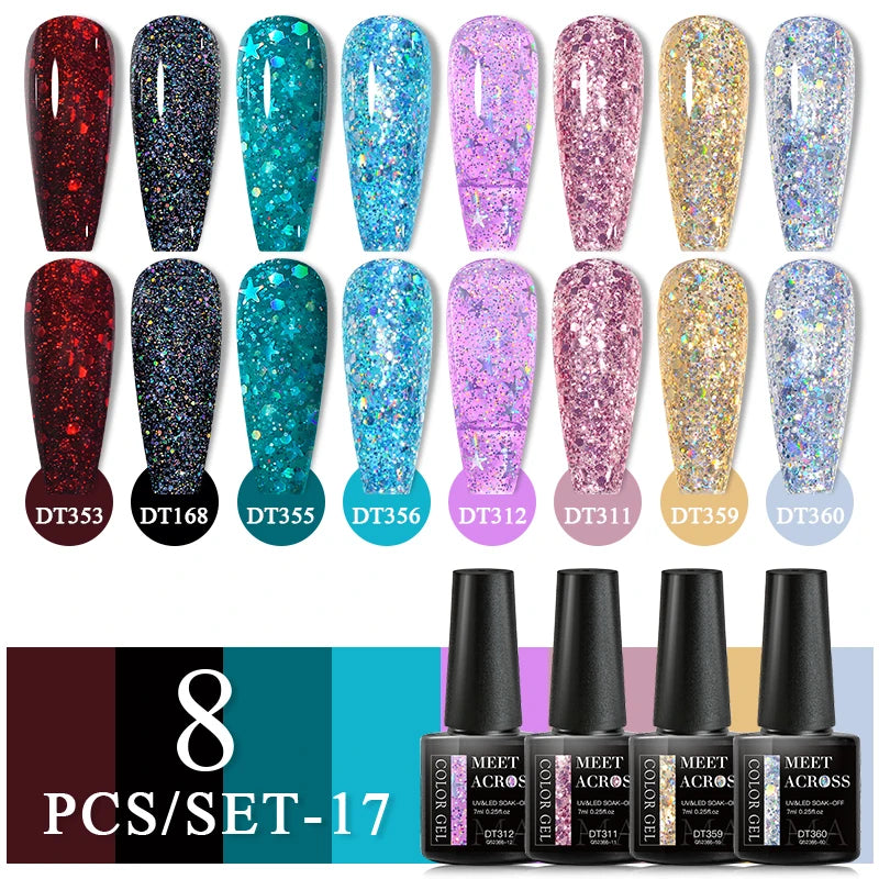 MEET ACROSS 8Pcs/Set Glitter Red Pink Orange Gel Nail Polish Semi Permanent Soak Off UV Gel Varnish Nail Art Manicure Kit