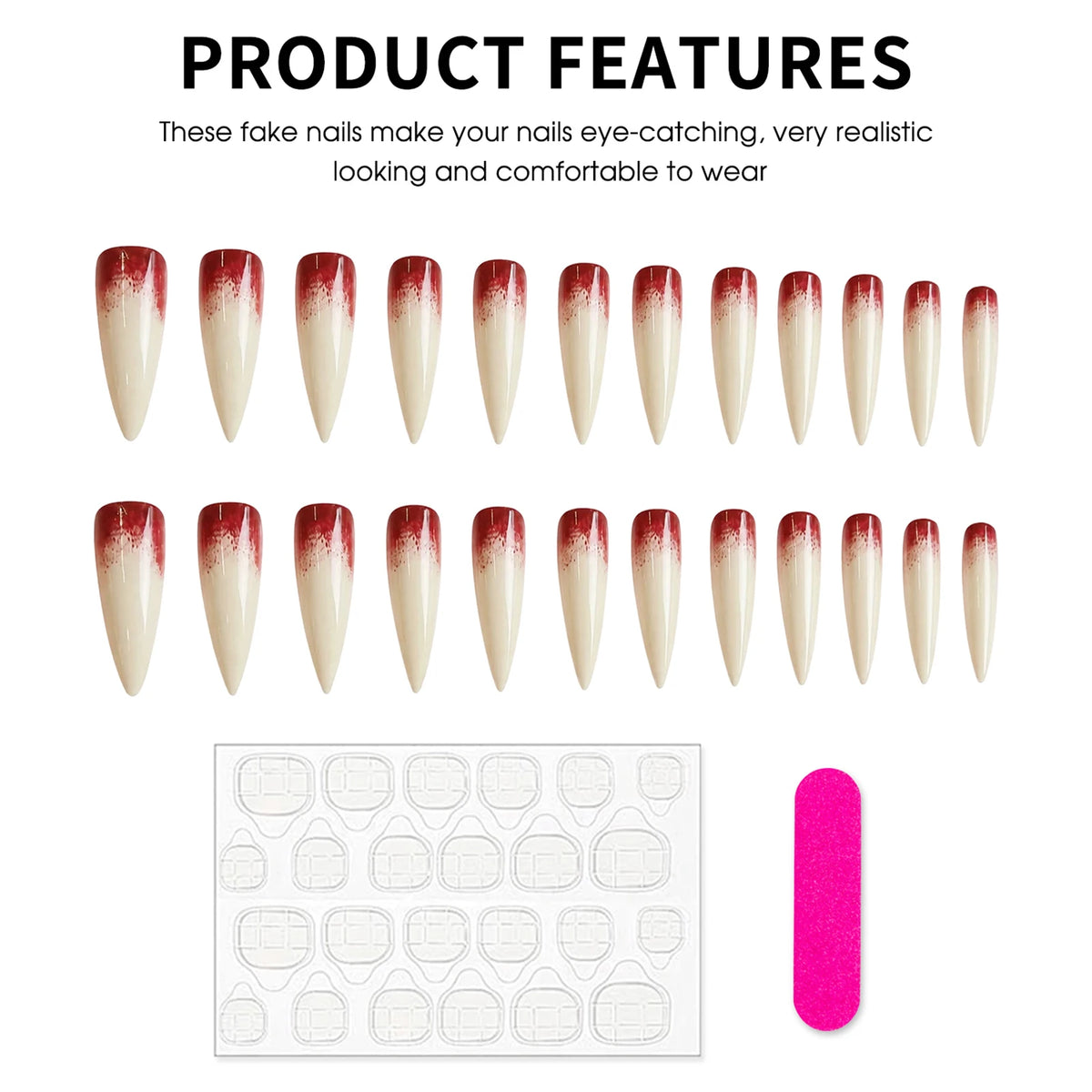 24pcs Nude Color False Nails For Halloween Blood Stained Jade Bone Long Pointed Press On Nails Acrylic Material Party Fake Nail