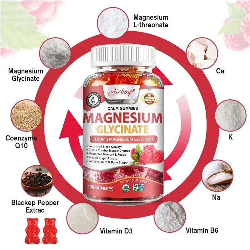 Magnesium Glycinate Gummies - Reduces Stress and Anxiety, Improve Sleep Quality, Support Memory, Concentration & Muscle Spasms