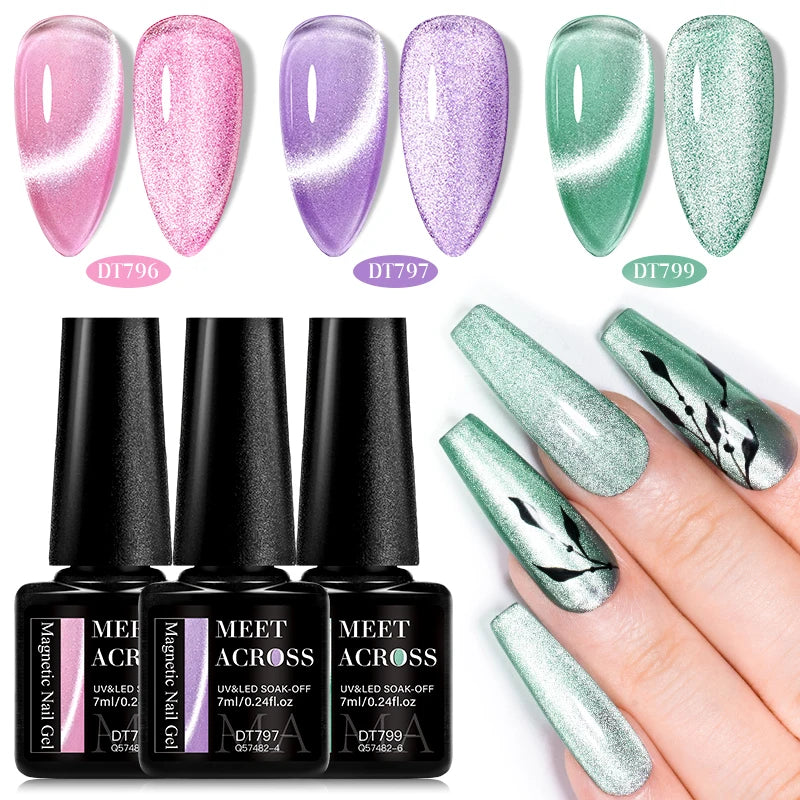 MEET ACROSS 7Pcs/Set Cat Magic Magnetic Gel Nail Polish Sparking Semi-Transparent Sea Blue Effect Soak Off UV Gel Varnish Kit