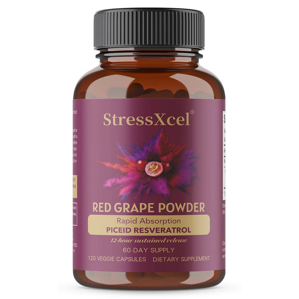 Red Grape Powder Capsules, 12-Hour Slow-Release Resveratrol for Fast Absorption, 120 Vegetarian Capsules