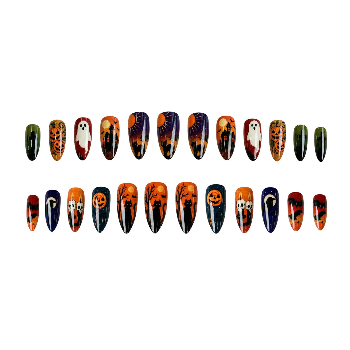 24pcs Halloween Style Press On Nails Dusk Series Glossy Almond False Nails With Horror Pumpkin Ghost Black Cat Designs Fake Nail