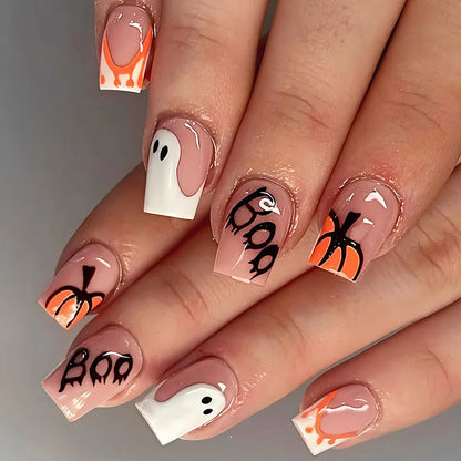 Cute Halloween Nails 24pcs Press On Nails Ghost Pumpkin BOO Letter Design Short Square Fake Nails with 1 Jelly Glue 1 Nail File