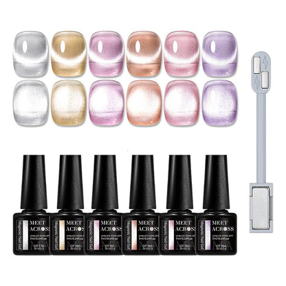 MEET ACROSS 7Pcs/Set Cat Magic Magnetic Gel Nail Polish Sparking Semi-Transparent Sea Blue Effect Soak Off UV Gel Varnish Kit