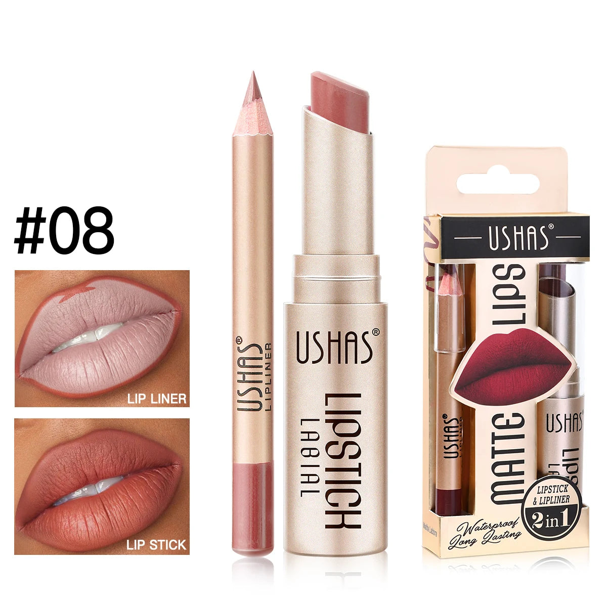 USHAS 12 Color Matte Lipstick Set Long-lasting Waterproof Lipstick + Lip Liner Set Easy Coloring Non-Stick Cup Lip Makeup Suit