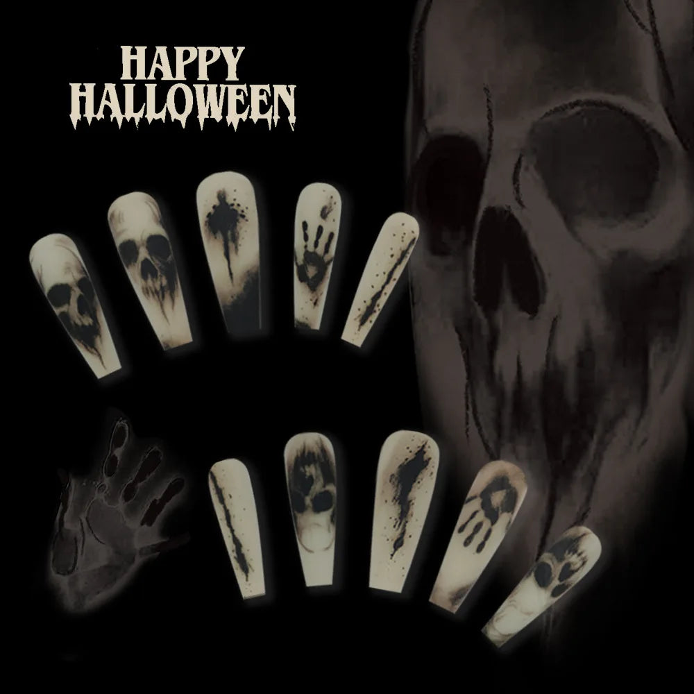 24PCs Halloween Nail Art Horror Black Skeleton Long Ballet Coffin Fake Nails Matte Press-on Nails with 1 Jelly Glue 1 Nail File
