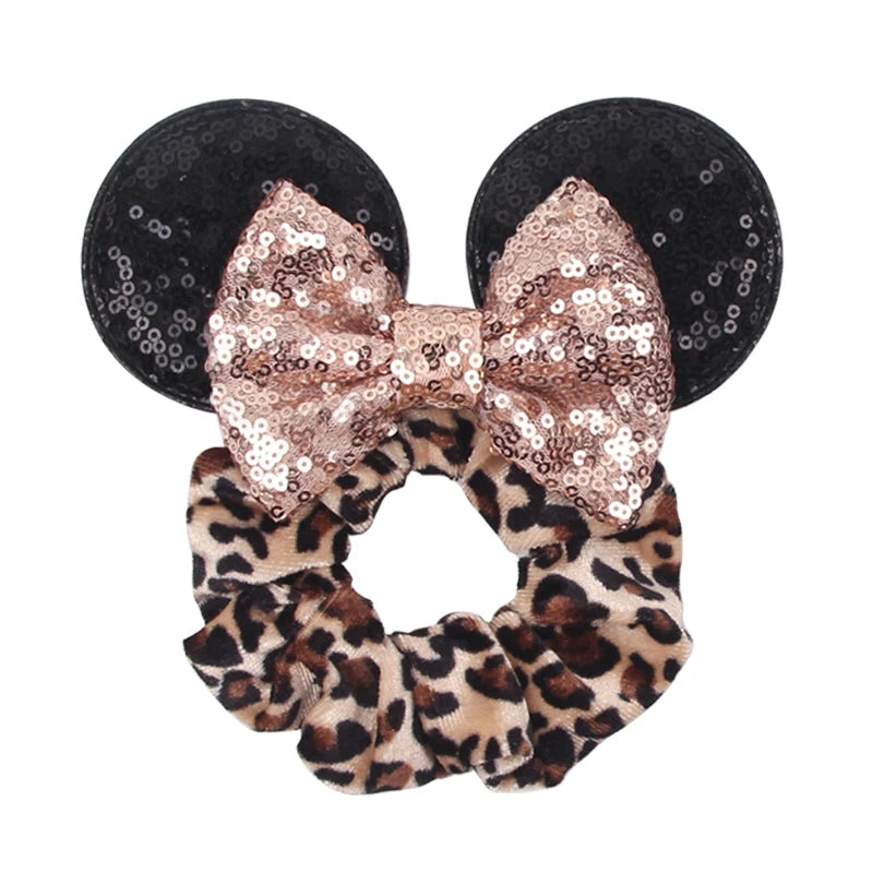 Disney Mouse Ears Velvet Scrunchies Hairband Women Elastic Ponytail Holder Girls Sequin Bow 2023 Kids Party DIY Hair Accessories