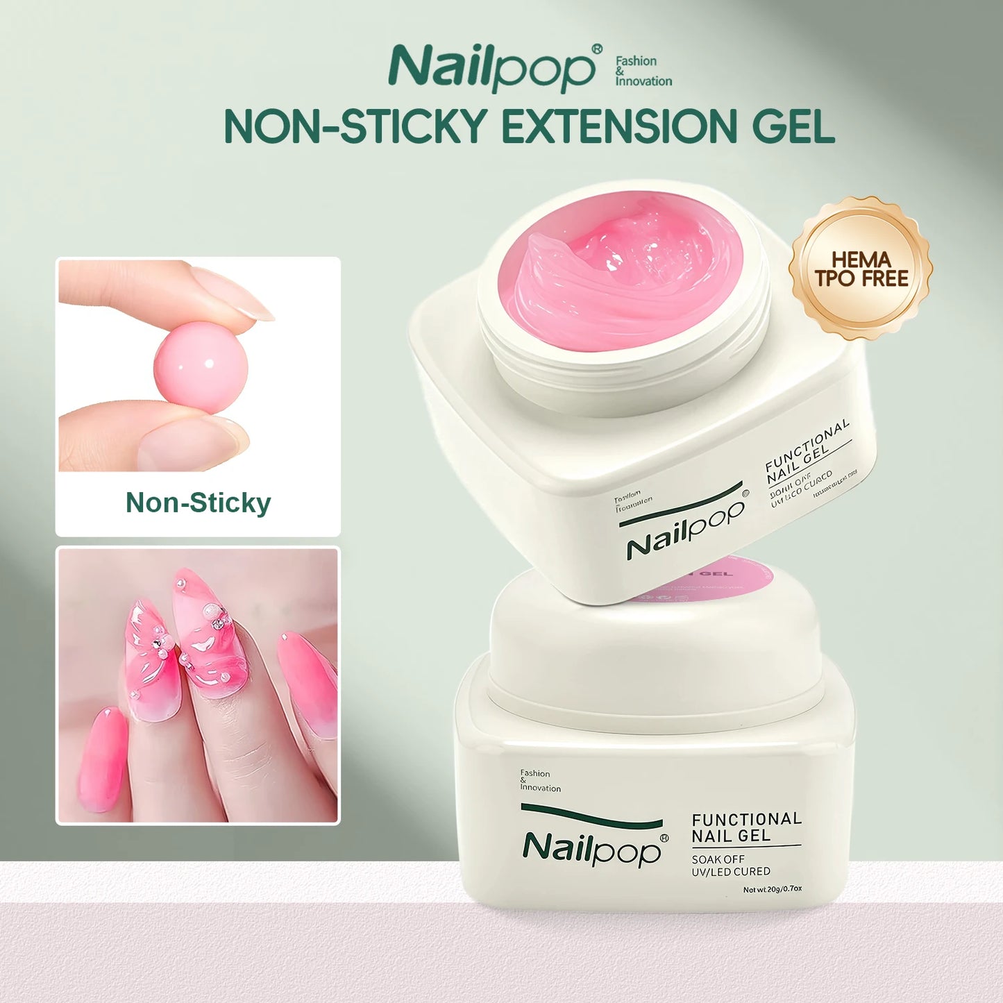 Nailpop Non-Sticky Extending Gel Without TPO/HEMA for Crystal Nail Tips Sculpting and Rhinestone Adhesive Adhesion Durable DIY