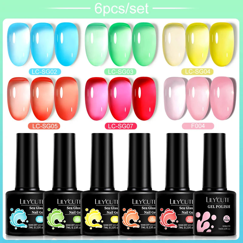 LILYCUE 6Pcs/Set Red Nude Glitter Gel Nail Polish Gorgeous Full Coverage Soak Off UV Gel Nail Art Base Top Coat Gel Polish Kits