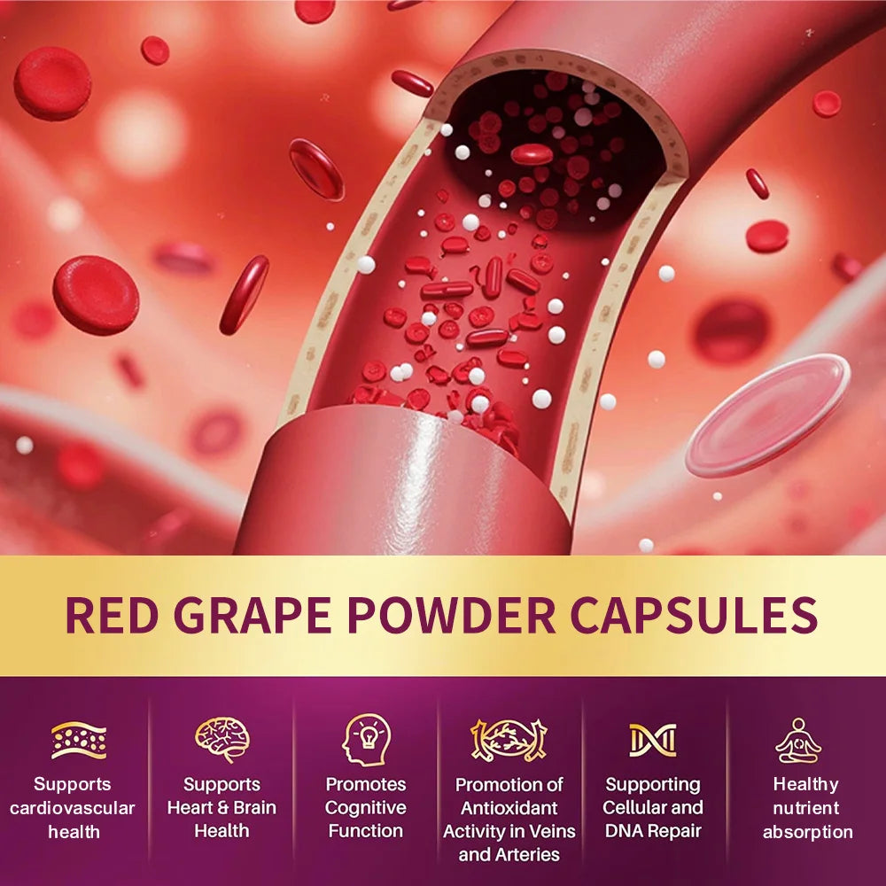 Red Grape Powder Capsules, 12-Hour Slow-Release Resveratrol for Fast Absorption, 120 Vegetarian Capsules