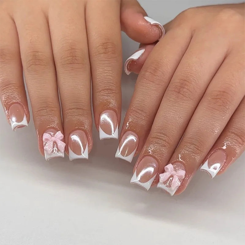 24Pcs Pink French Style Fake Nails 3D Bowknot Designs Short Square Press on Nails Sweet Korean Fashion False Nail for Women Girl