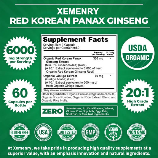 Korean Red Panax Ginseng + Ginkgo Biloba Capsules Increases Energy, Mood, Stamina & Performance, Supports Mental Health