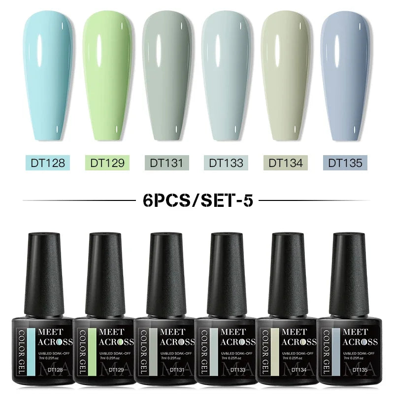 MEET ACROSS 6Pcs Gel Nail Polish Set Pink Red Green Macaron Color Manicure Kit For Nails UV Gel Nail Art Varnish Nail Supplies