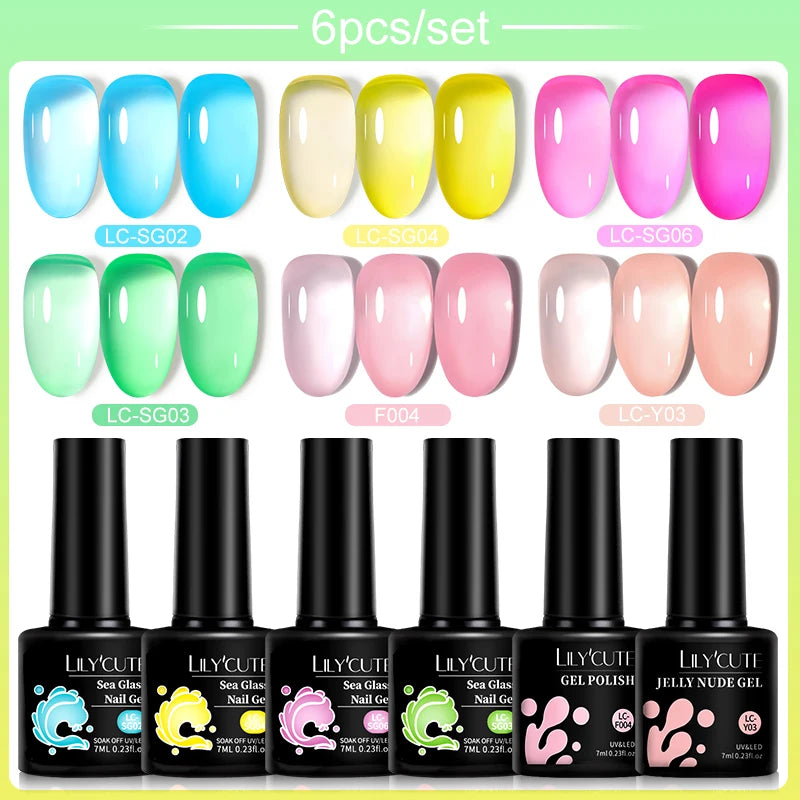 LILYCUE 6Pcs/Set Red Nude Glitter Gel Nail Polish Gorgeous Full Coverage Soak Off UV Gel Nail Art Base Top Coat Gel Polish Kits