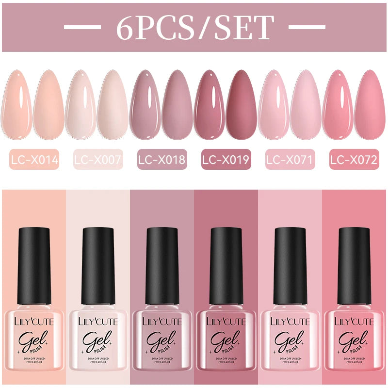 LILYCUE 6Pcs/Set Red Nude Glitter Gel Nail Polish Gorgeous Full Coverage Soak Off UV Gel Nail Art Base Top Coat Gel Polish Kits