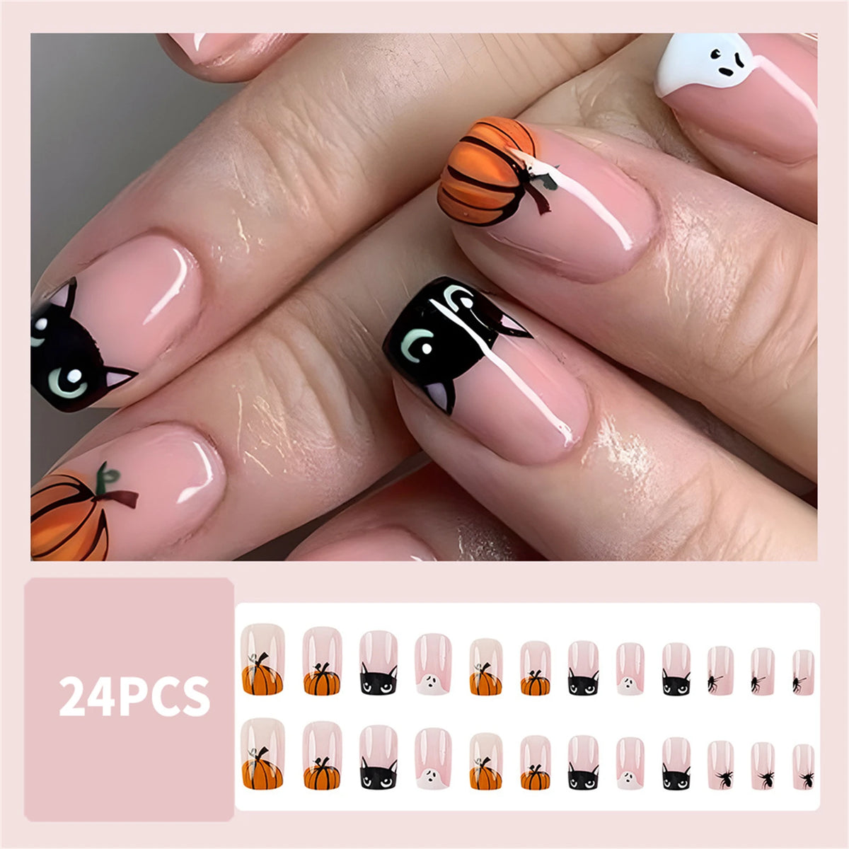 24pcs Halloween Cute Cartoon French Fake Nails Nude Pink Square Press On Nails With Pumpkin Ghost Designs Professional Nail Art