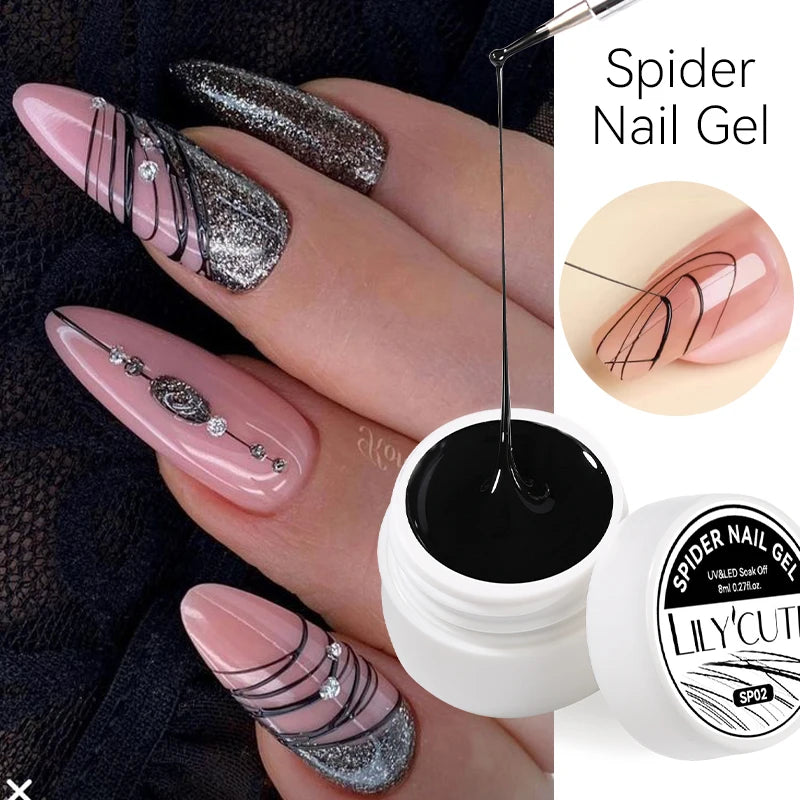 LILYCUTE Black White Spider Drawing Gel Nail Polish DIY Painting Outline Soak Off UV Gel Varnishes Wire Liner Nail Art Supplies