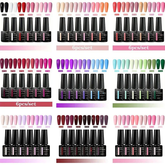 MEET ACROSS 6Pcs Gel Nail Polish Set Pink Red Green Macaron Color Manicure Kit For Nails UV Gel Nail Art Varnish Nail Supplies