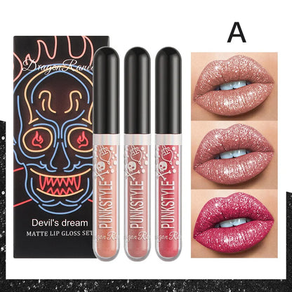 Halloween Lip Gloss Set, 3-Piece Non-Stick Shiny Lipstick, Glittery Purple and Black Lip Colors, Long-Lasting, Non-Transfer