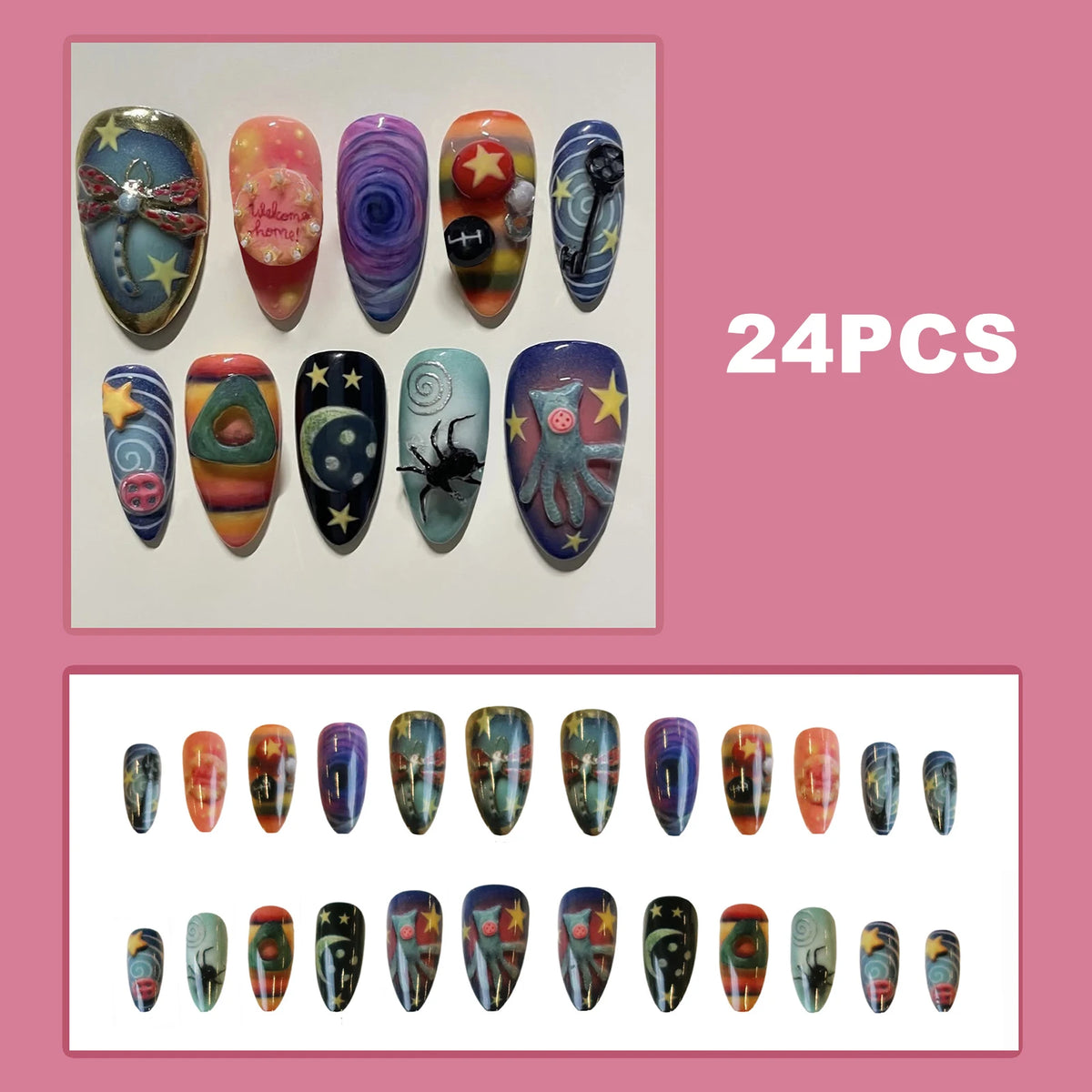 24pcs Press on Nails Resin False Nail Tips Pre-Painted for Halloween Party Gothic Cosplay Accessories