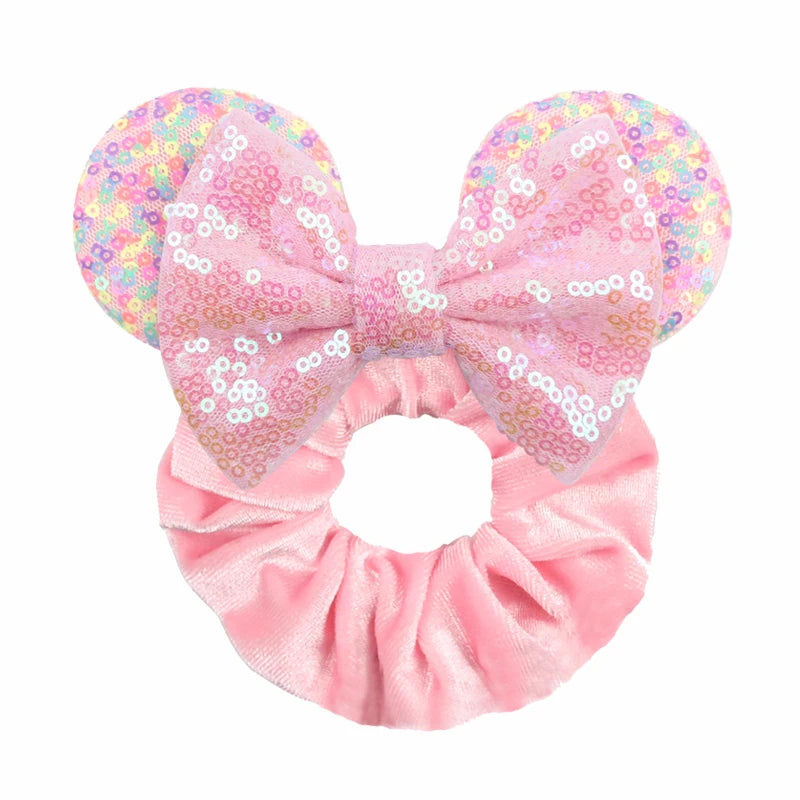 Disney Mouse Ears Velvet Scrunchies Hairband Women Elastic Ponytail Holder Girls Sequin Bow 2023 Kids Party DIY Hair Accessories