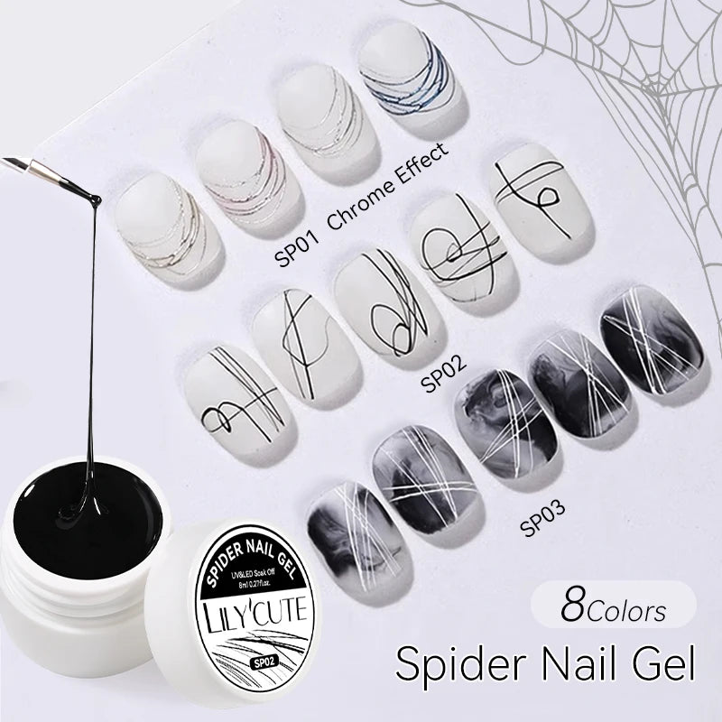 LILYCUTE Black White Spider Drawing Gel Nail Polish DIY Painting Outline Soak Off UV Gel Varnishes Wire Liner Nail Art Supplies