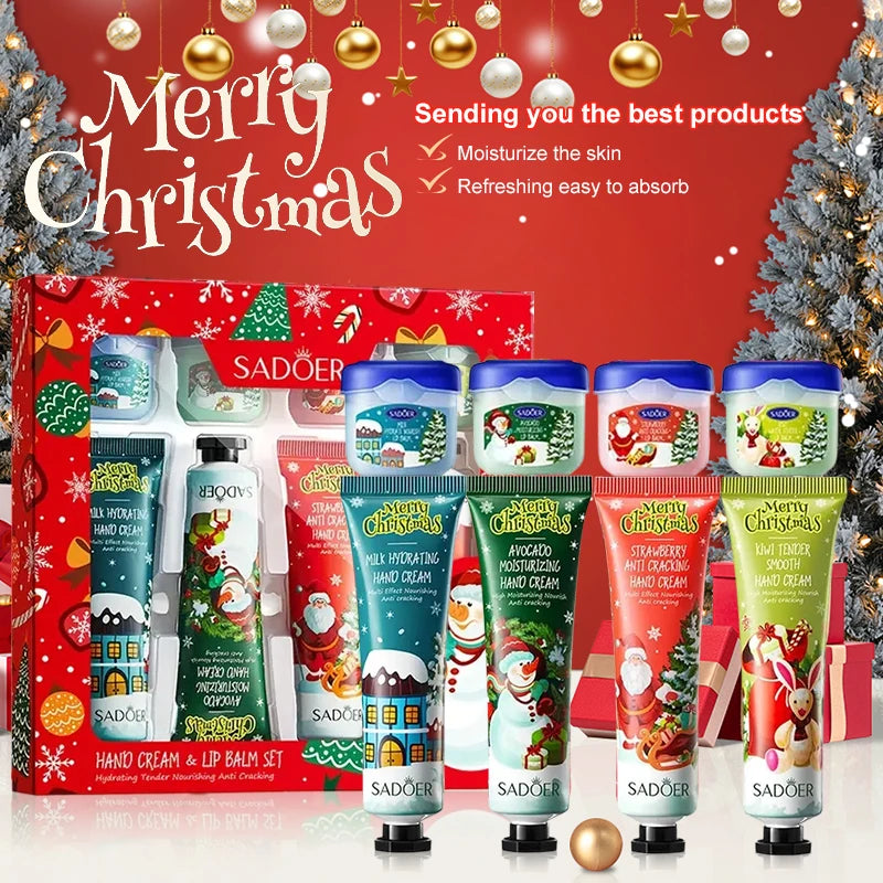 Christmas Hand Cream and Lip Balm Set, 4 hand creams and 4 lip balms, nourishing lip mask, moisturizing formula, gentle care