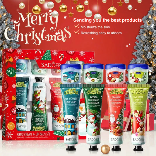 Christmas Hand Cream and Lip Balm Set, 4 hand creams and 4 lip balms, nourishing lip mask, moisturizing formula, gentle care