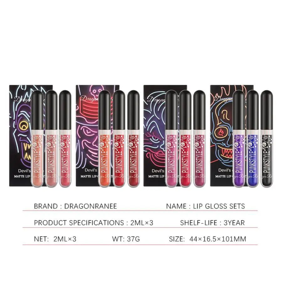 Lip Gloss in a Box of Three, Pearlescent Lipstick in a Non-Stick Cup, Shiny Purple and Black Lip Gloss Set