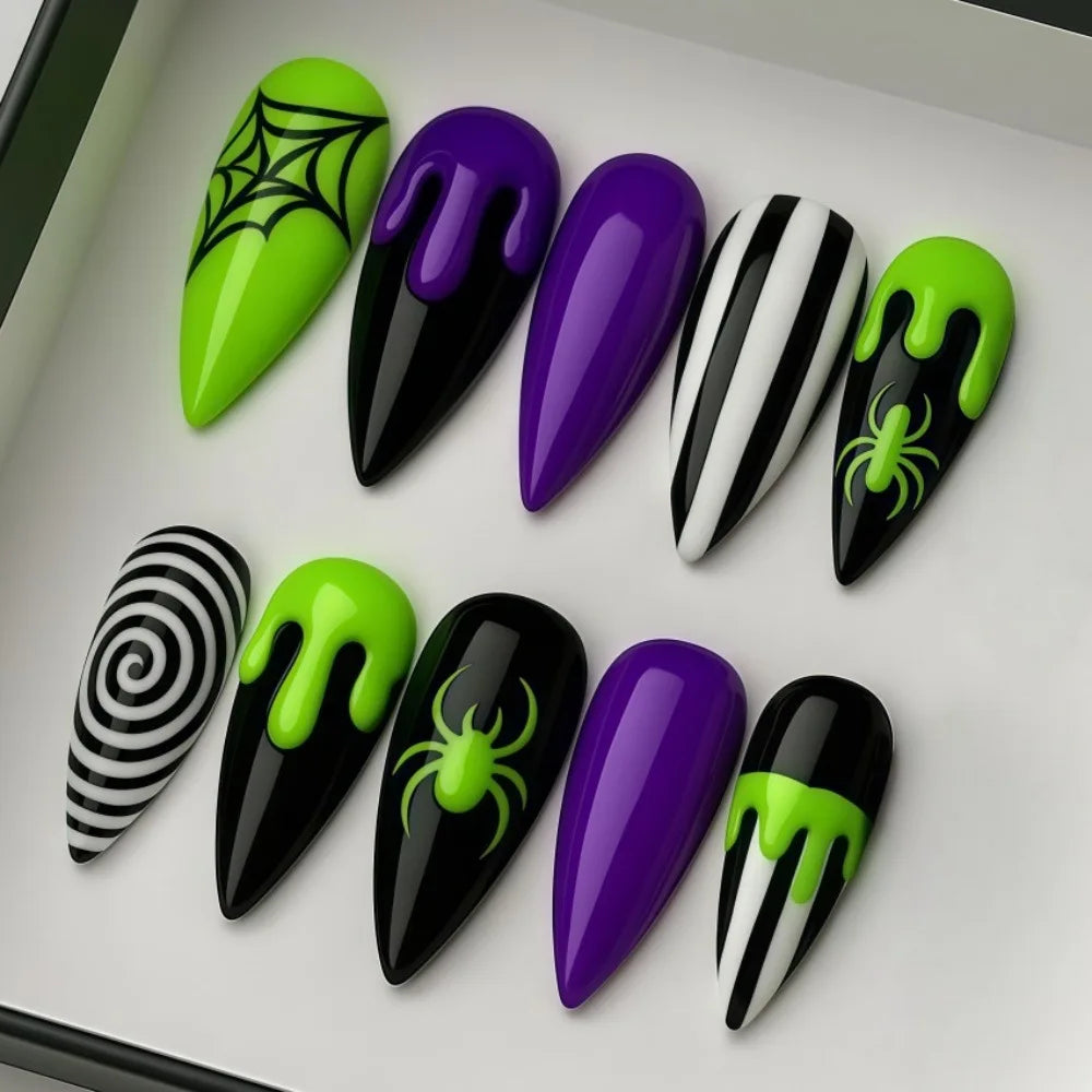 30pcs Gothic Purple Almond Press On Nails for Halloween Spider Wed Pattern Decor Fake nail tips Wearing Spicy Girls False Nails