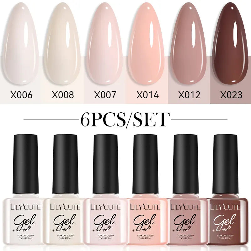LILYCUE 6Pcs/Set Red Nude Glitter Gel Nail Polish Gorgeous Full Coverage Soak Off UV Gel Nail Art Base Top Coat Gel Polish Kits